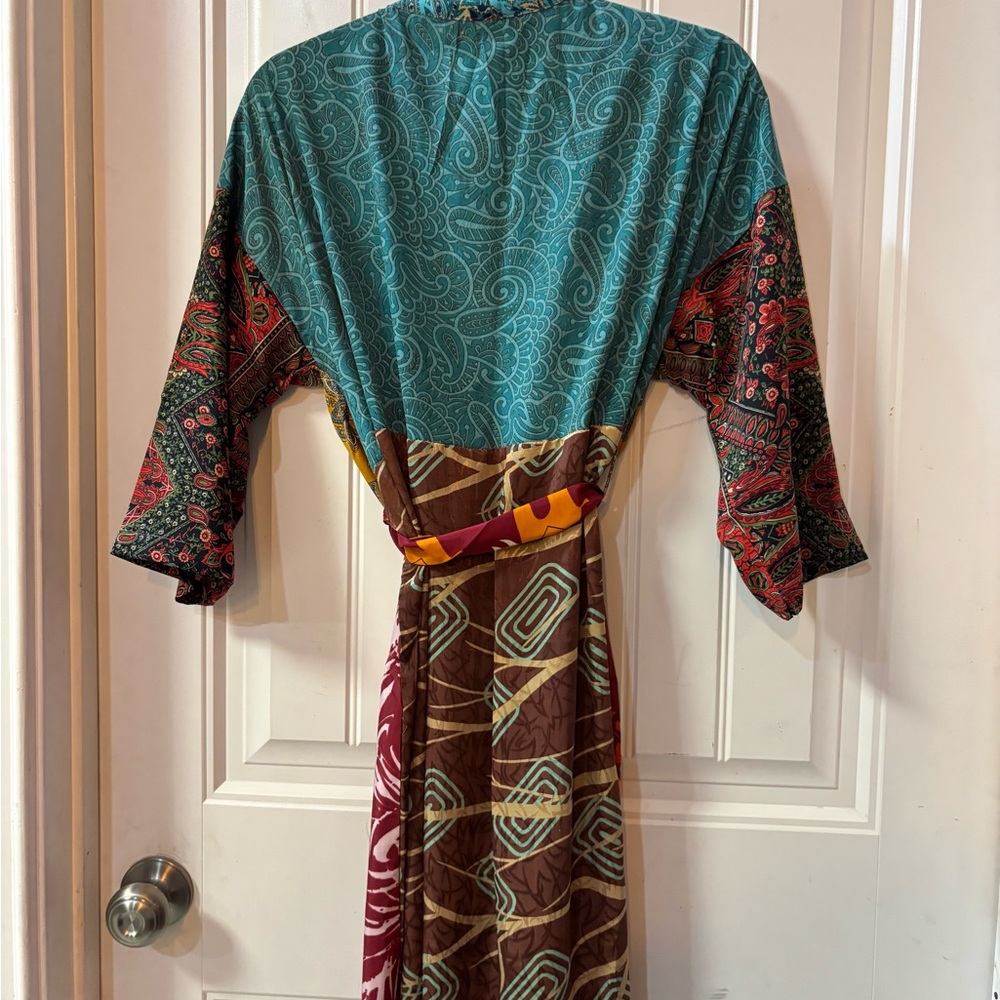 Multi-Pattern Kimono Robe in Teal, Mustard & Burgundy - Picture 6 of 10